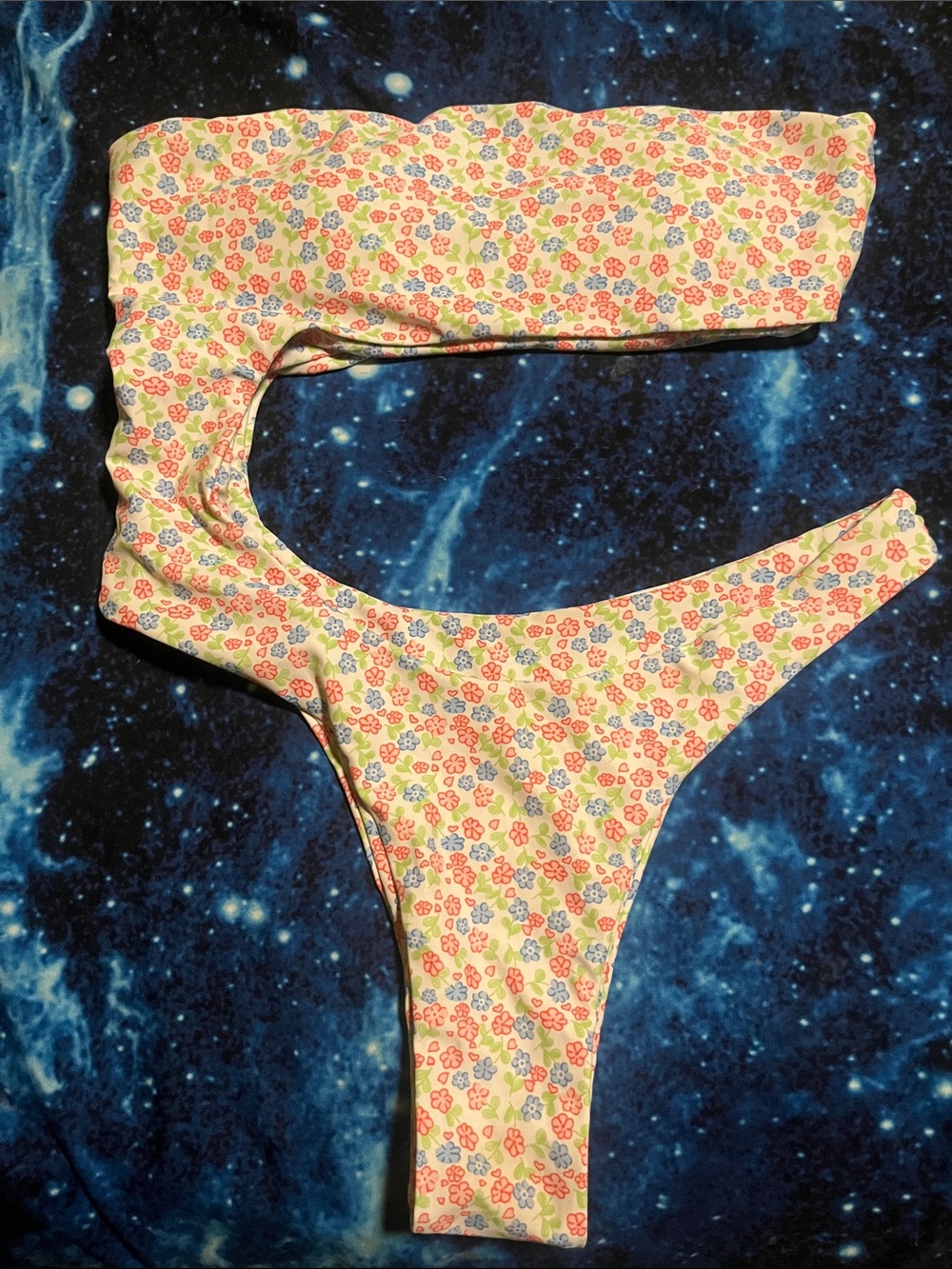 Tube top one piece bathing suit with multi color flower print